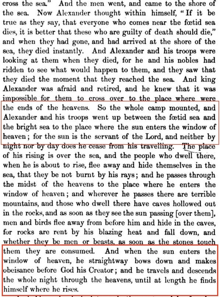 Scanned page 148 of E.A. Wallis Budge's edition of the Syriac Alexander Legend, with the relevant passages framed in red: Alexander travels between the fetid sea and the bright sea to where the sun enters the window of heaven, and the sun bows down before God his Creator.