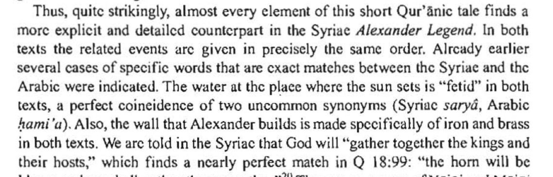 Scanned excerpt from Van Bladel (2008), p. 181: 'almost every element of this short Qur'anic tale finds a more explicit and detailed counterpart in the Syriac Alexander Legend.'