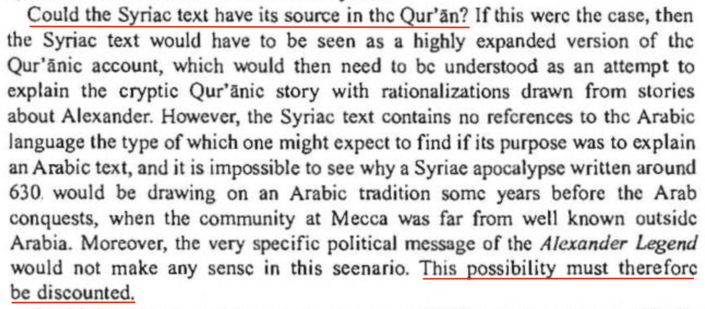 Scanned excerpt from Van Bladel (2008), p. 189: 'Could the Syriac text have its source in the Qur'an? ... This possibility must therefore be discounted.'